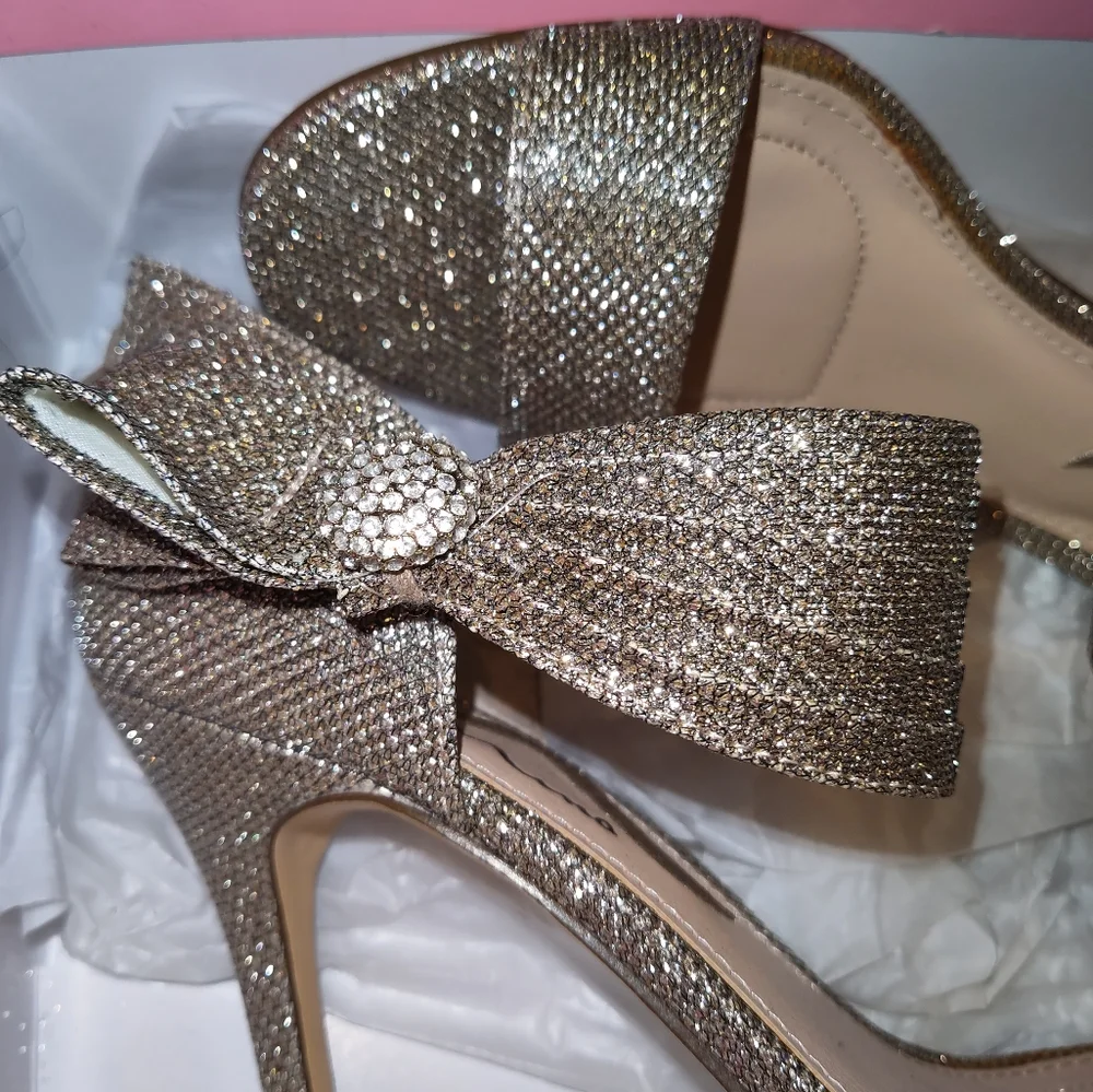 Size 8 Latte Glam Bling Sparkly Metallic Open Toe High Heels Nina Prom Wedding - Picture 2 of 8